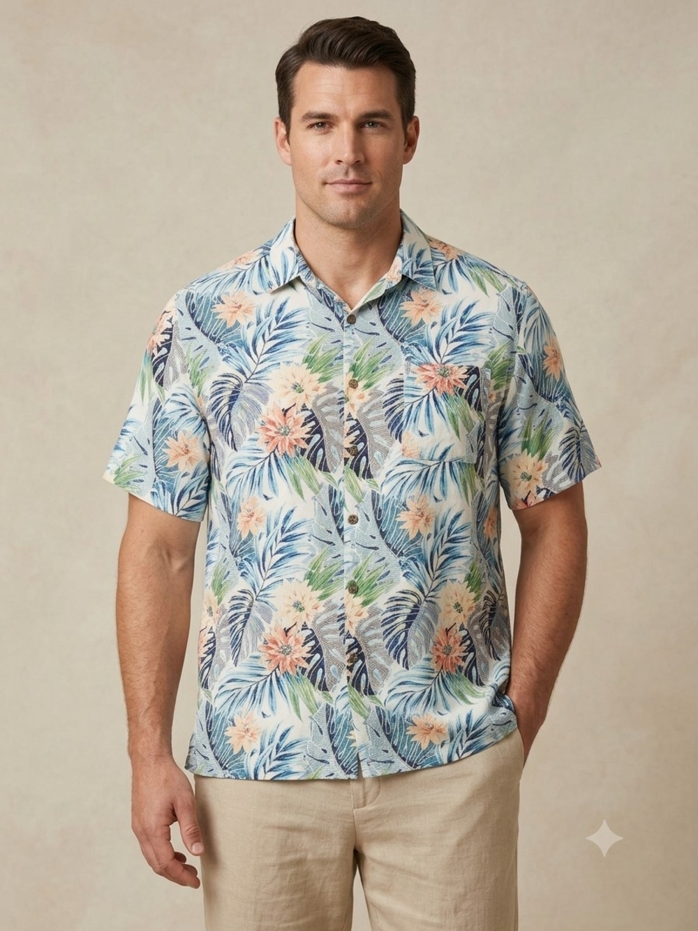 Campia Hawaiian Tropical Floral Light Blue Short Sleeve Button Down.  MS 37